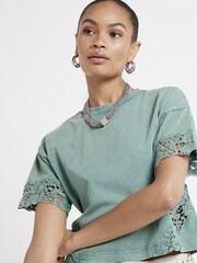 River Island Green 100% Cotton Lace Detail T-Shirt - Image 3 of 6