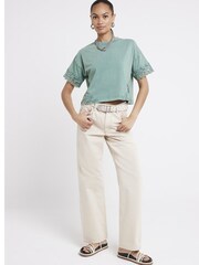 River Island Green 100% Cotton Lace Detail T-Shirt - Image 4 of 6