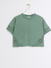 River Island Green 100% Cotton Lace Detail T-Shirt - Image 5 of 6