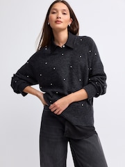 Grey Charcoal Shirt Layer Gem Embellished Argyle Knitted Jumper - Image 1 of 8
