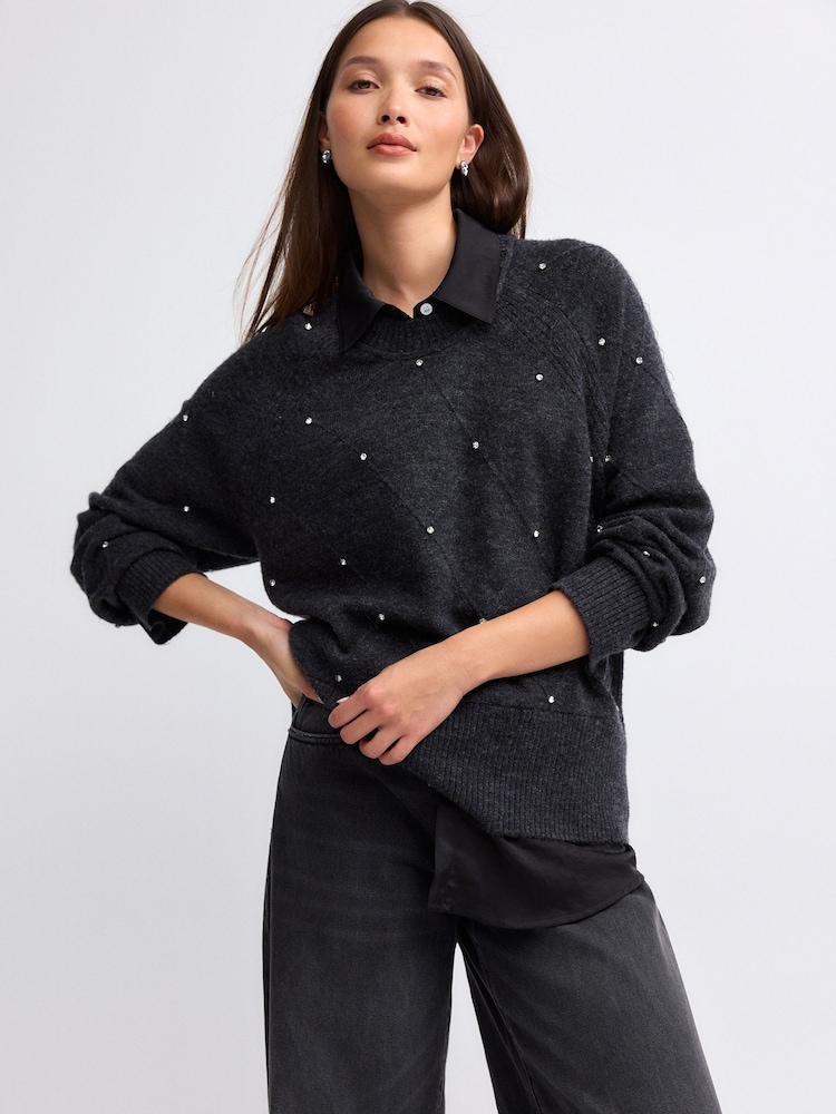 Grey Charcoal Shirt Layer Gem Embellished Argyle Knitted Jumper - Image 1 of 8