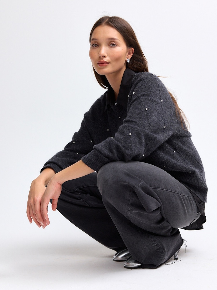 Grey Charcoal Shirt Layer Gem Embellished Argyle Knitted Jumper - Image 2 of 8