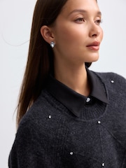 Grey Charcoal Shirt Layer Gem Embellished Argyle Knitted Jumper - Image 5 of 8