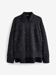 Grey Charcoal Shirt Layer Gem Embellished Argyle Knitted Jumper - Image 6 of 8