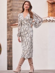 Sosandar Black/Cream Snake Print Blouson Sleeve Wrap Midi Dress - Image 1 of 5