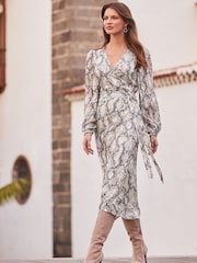 Sosandar Black/Cream Snake Print Blouson Sleeve Wrap Midi Dress - Image 2 of 5