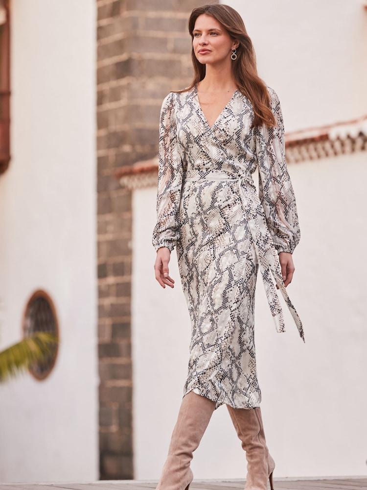 Sosandar Black/Cream Snake Print Blouson Sleeve Wrap Midi Dress - Image 2 of 5