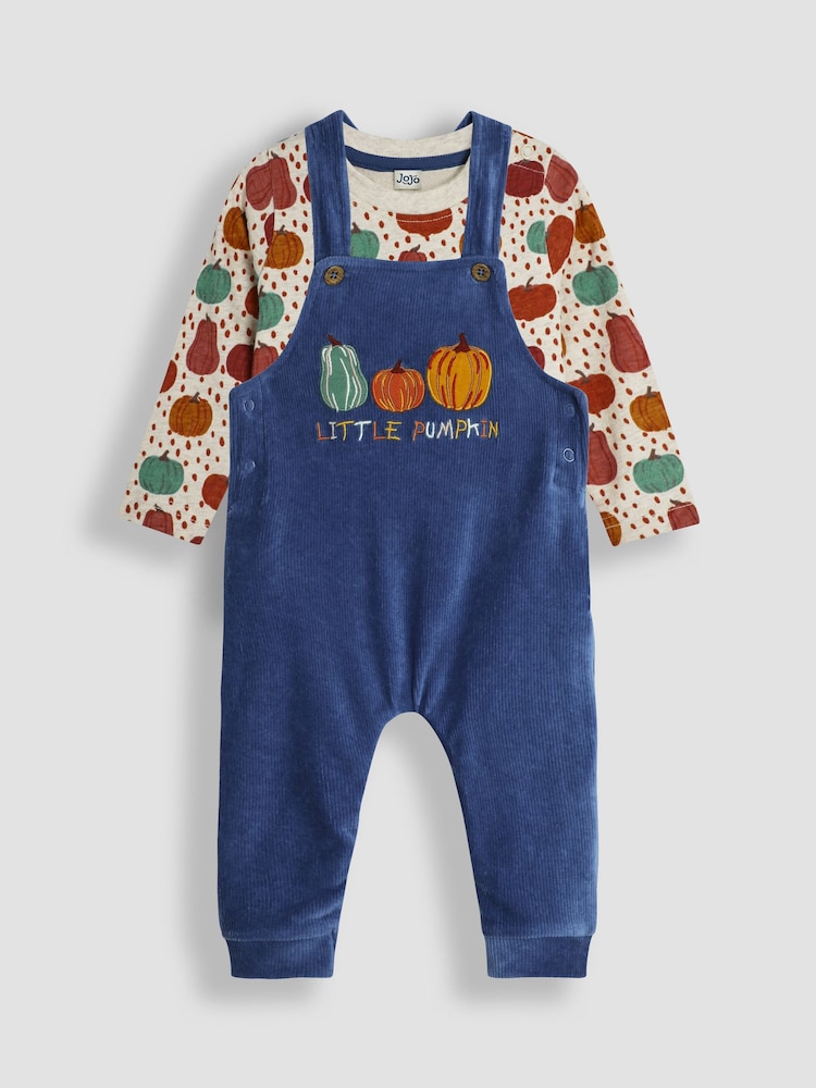 JoJo Maman Bébé Denim Pumpkin Applique Velour Dungarees And Top Set - Image 1 of 6 JoJo Maman Bébé Denim Pumpkin Applique Velour Dungarees And Top Set - Image 1 of 6