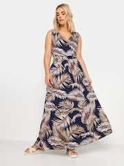 Yours Curve Navy Blue Leaf Print Maxi Wrap Dress - Image 2 of 5