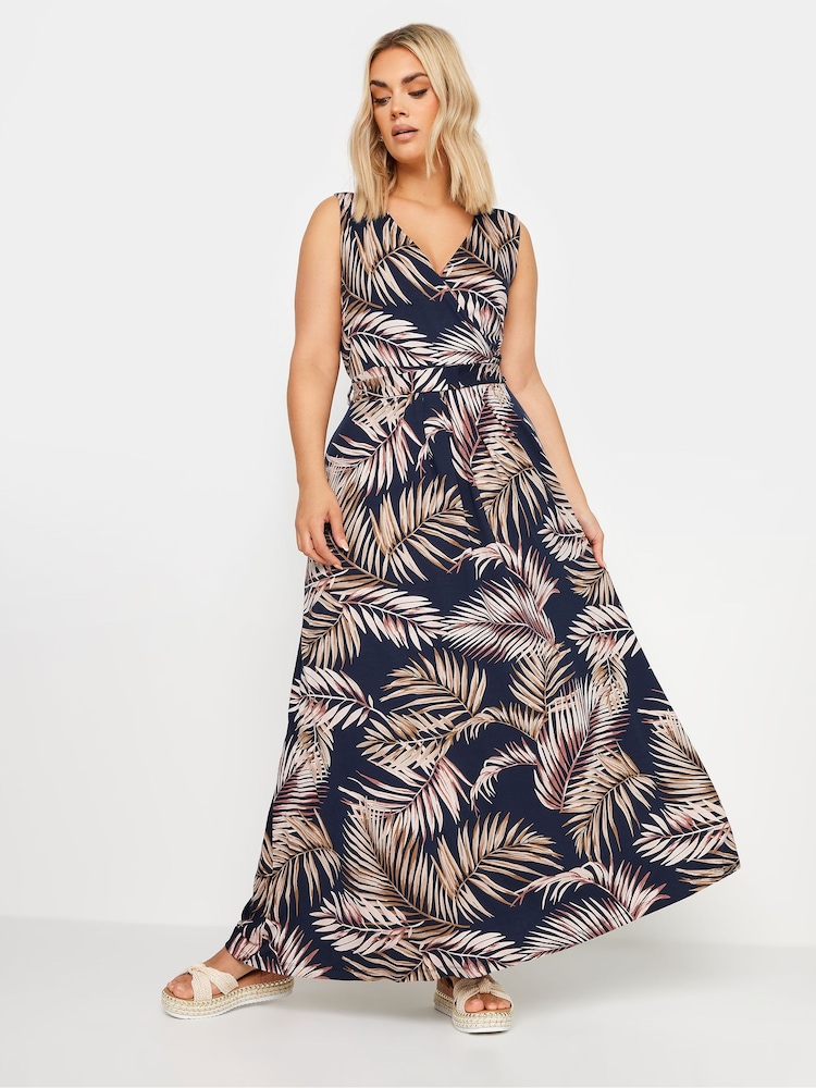 Yours Curve Navy Blue Leaf Print Maxi Wrap Dress - Image 2 of 5