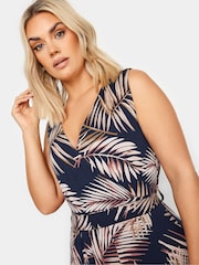 Yours Curve Navy Blue Leaf Print Maxi Wrap Dress - Image 4 of 5
