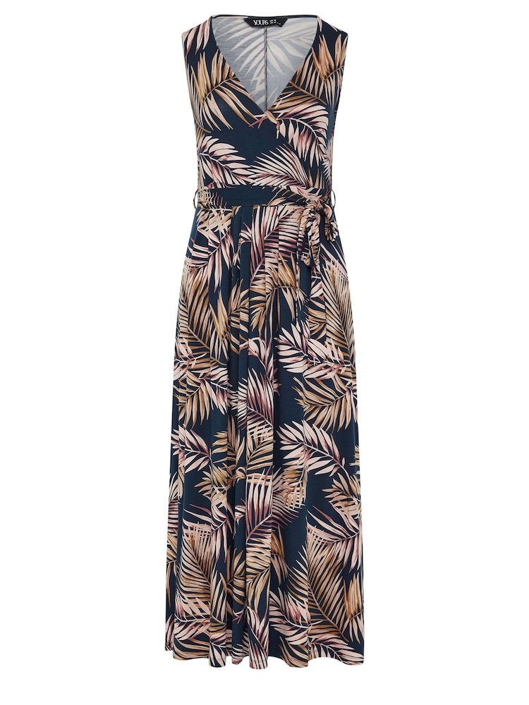 Yours Curve Navy Blue Leaf Print Maxi Wrap Dress - Image 5 of 5