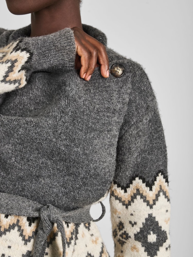 JoJo Maman Bébé Charcoal Grey Maternity Drape Fair Isle Pattern Cardigan - Image 5 of 6