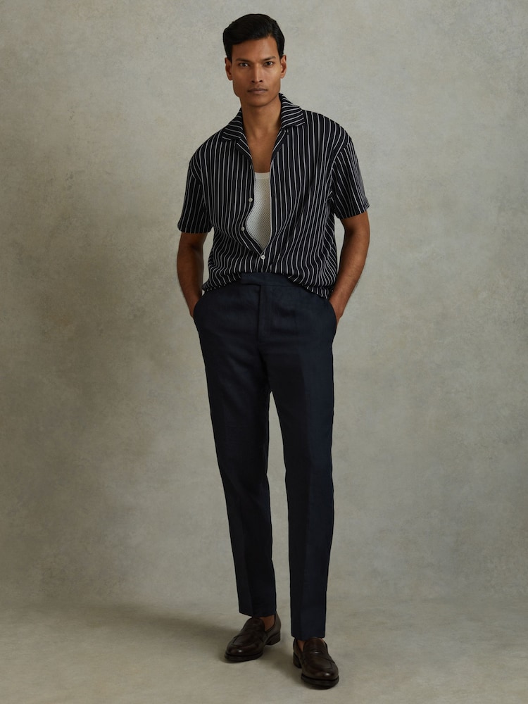 Reiss Navy/White Neptune Ribbed Striped Cuban Collar Shirt - Image 1 of 5