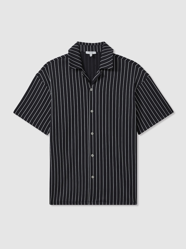 Reiss Navy/White Neptune Ribbed Striped Cuban Collar Shirt - Image 2 of 5 Reiss Navy/White Neptune Ribbed Striped Cuban Collar Shirt - Image 2 of 5
