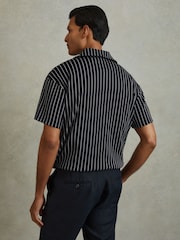 Reiss Navy/White Neptune Ribbed Striped Cuban Collar Shirt - Image 5 of 5