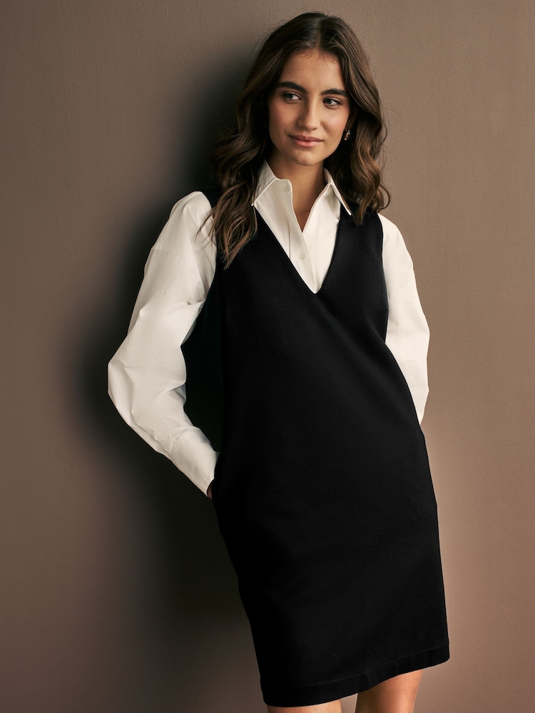 Black V-Neck Ponte Pinafore Mini Dress - Image 1 of 7