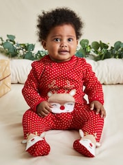 JoJo Maman Bébé Red Reindeer Cotton Christmas Zip Appliqué Sleepsuit - Image 1 of 5
