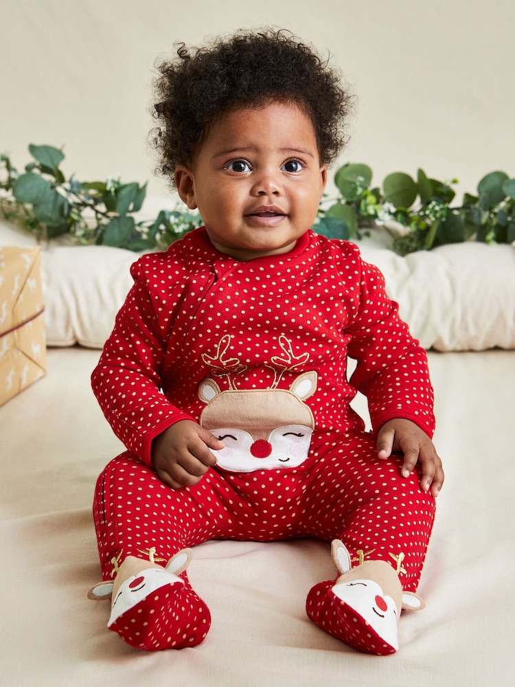 JoJo Maman Bébé Red Reindeer Cotton Christmas Zip Appliqué Sleepsuit - Image 1 of 5
