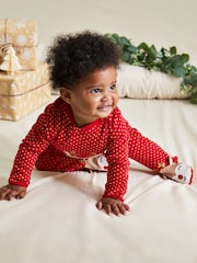 JoJo Maman Bébé Red Reindeer Cotton Christmas Zip Appliqué Sleepsuit - Image 2 of 5