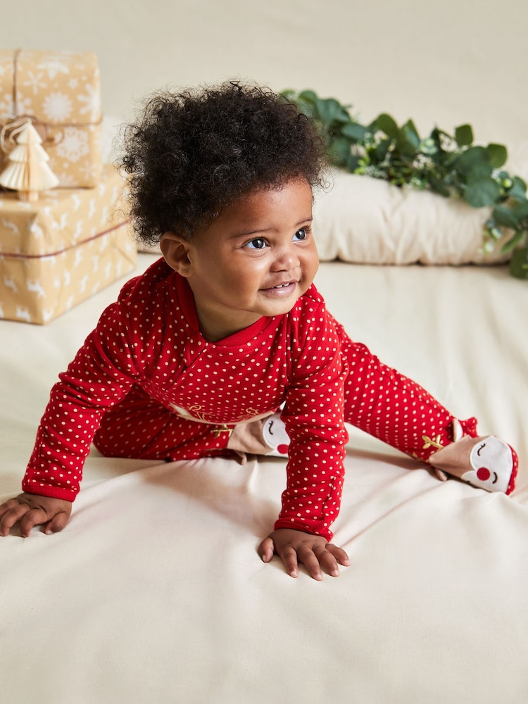 JoJo Maman Bébé Red Reindeer Cotton Christmas Zip Appliqué Sleepsuit - Image 2 of 5