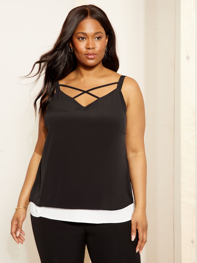 Curves Like These Black Cross Front V Neck Cami Top - Image 1 of 4 Curves Like These Black Cross Front V Neck Cami Top - Image 1 of 4