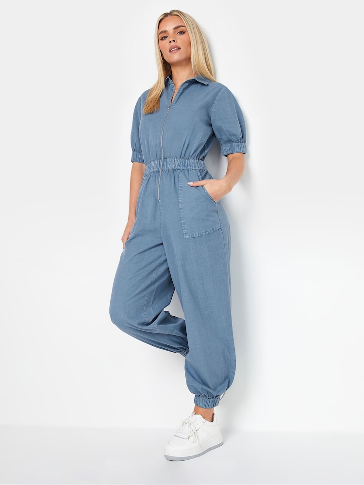 PixieGirl Petite Blue Short Sleeve Zip Through 100% Cotton Jumpsuit - Image 1 of 6