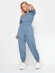 PixieGirl Petite Blue Short Sleeve Zip Through 100% Cotton Jumpsuit - Image 2 of 6