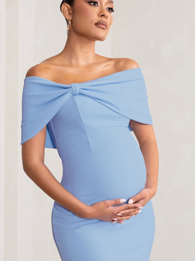 Club L London Blue Maternity Alyssa Bardot Bow Midi Dress with Ruching - Image 2 of 5 Club L London Blue Maternity Alyssa Bardot Bow Midi Dress with Ruching - Image 2 of 5
