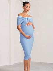 Club L London Blue Maternity Alyssa Bardot Bow Midi Dress with Ruching - Image 3 of 5