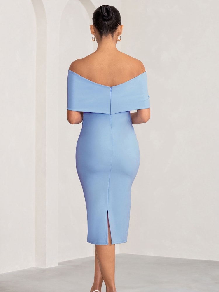 Club L London Blue Maternity Alyssa Bardot Bow Midi Dress with Ruching - Image 5 of 5