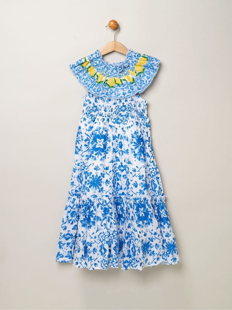 Miss Blue 100% Cotton Tile Print Dress With Lemon Detail - Image 1 of 3