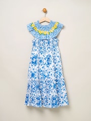 Miss Blue 100% Cotton Tile Print Dress With Lemon Detail - Image 2 of 3