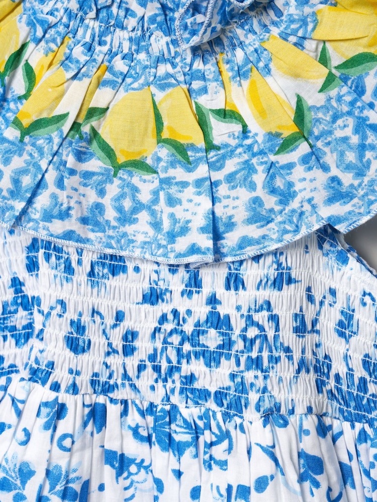 Miss Blue 100% Cotton Tile Print Dress With Lemon Detail - Image 3 of 3