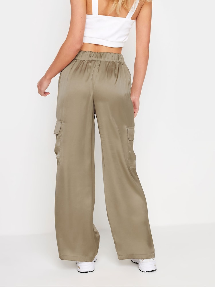 PixieGirl Petite Brown Satin Cargo Wide Leg Trousers - Image 3 of 5
