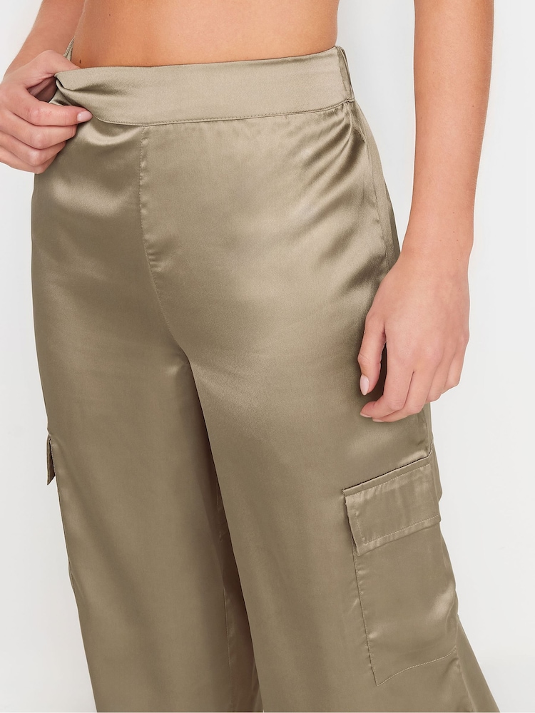 PixieGirl Petite Brown Satin Cargo Wide Leg Trousers - Image 4 of 5