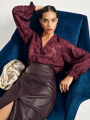Burgundy Red Jacquard Boho Long Sleeve Tie Neck Blouse - Image 1 of 7