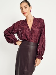 Burgundy Red Jacquard Boho Long Sleeve Tie Neck Blouse - Image 2 of 7