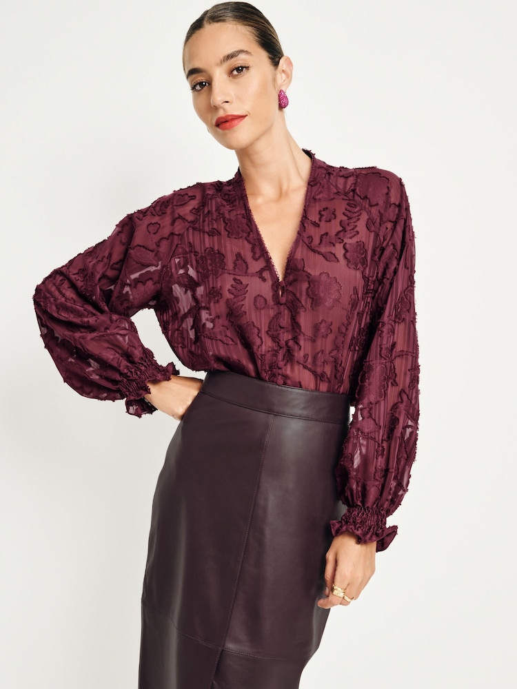 Burgundy Red Jacquard Boho Long Sleeve Tie Neck Blouse - Image 2 of 7