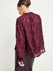 Burgundy Red Jacquard Boho Long Sleeve Tie Neck Blouse - Image 3 of 7