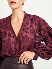 Burgundy Red Jacquard Boho Long Sleeve Tie Neck Blouse - Image 4 of 7