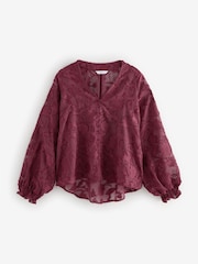 Burgundy Red Jacquard Boho Long Sleeve Tie Neck Blouse - Image 5 of 7