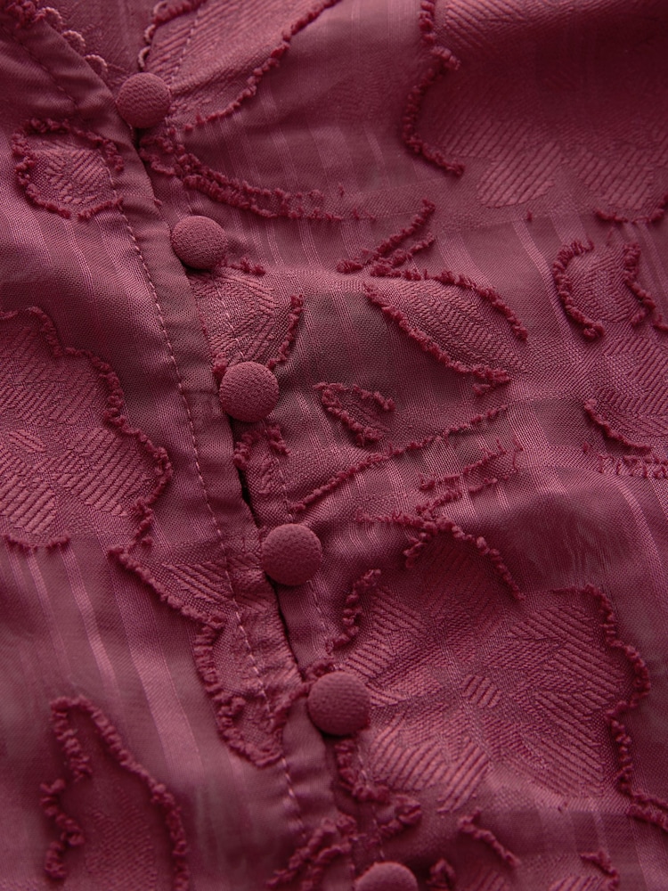 Burgundy Red Jacquard Boho Long Sleeve Tie Neck Blouse - Image 7 of 7
