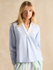 Joules Tallie Blue Long Sleeve Combed Cotton Collared Top - Image 1 of 7