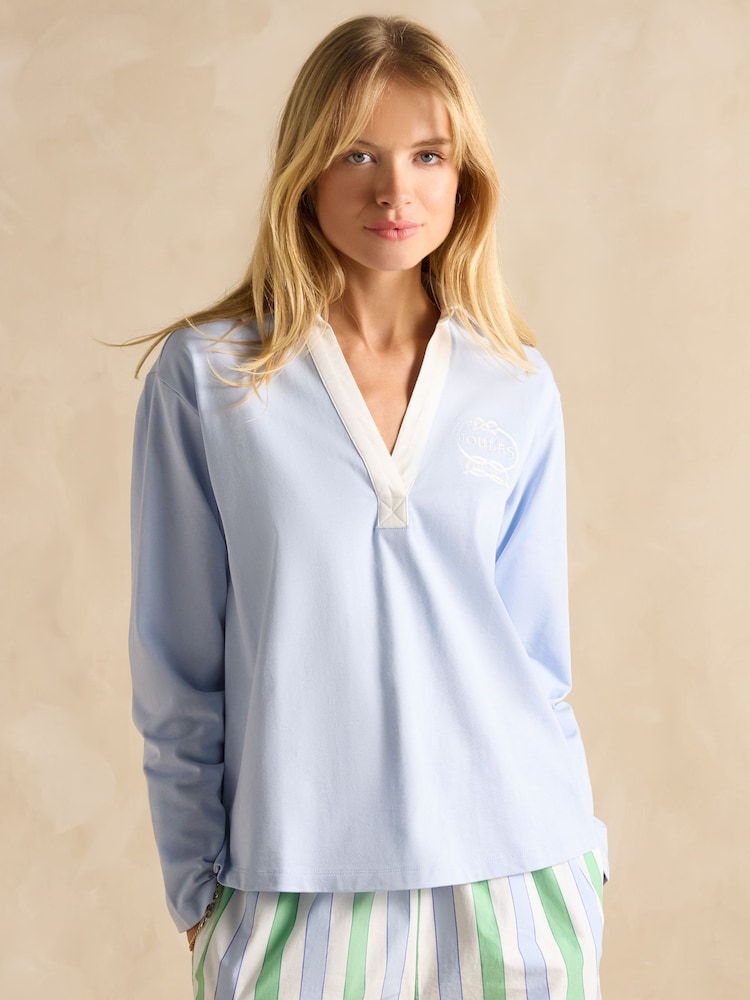 Joules Tallie Blue Long Sleeve Combed Cotton Collared Top - Image 1 of 7
