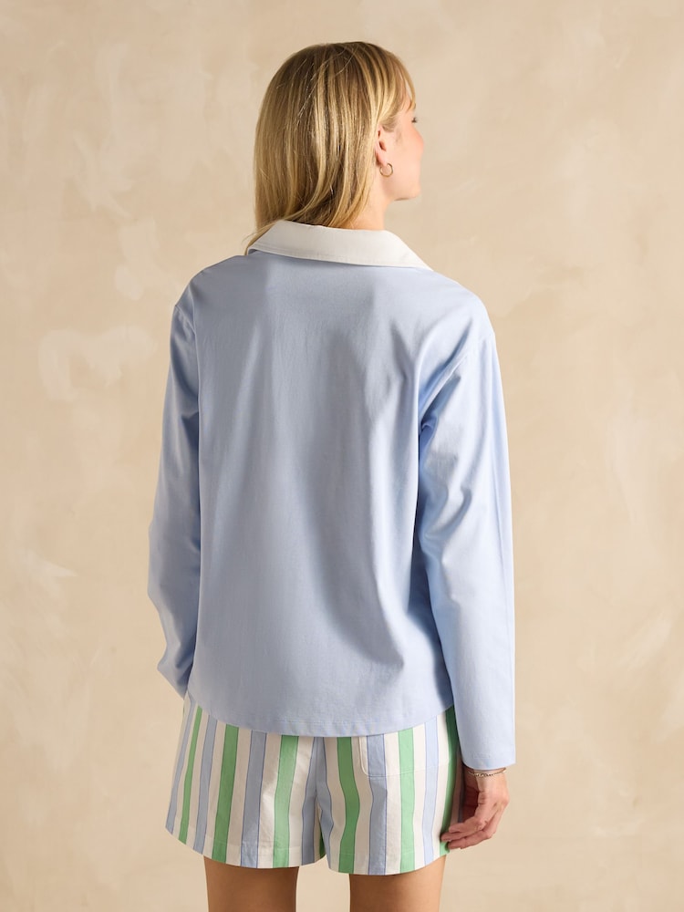 Joules Tallie Blue Long Sleeve Combed Cotton Collared Top - Image 2 of 7