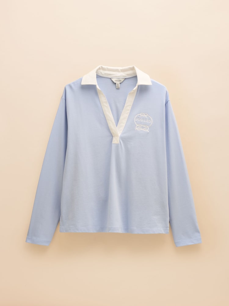 Joules Tallie Blue Long Sleeve Combed Cotton Collared Top - Image 7 of 7