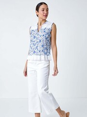 Roman Blue 100% Cotton Floral Print Broderie Crinkle Blouse - Image 2 of 5