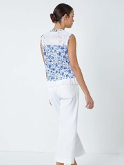 Roman Blue 100% Cotton Floral Print Broderie Crinkle Blouse - Image 3 of 5