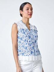 Roman Blue 100% Cotton Floral Print Broderie Crinkle Blouse - Image 4 of 5